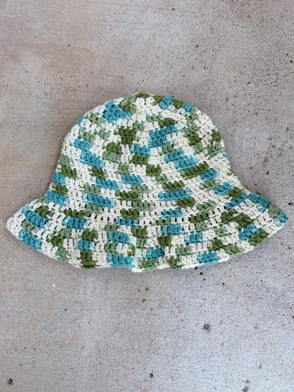 Handmade Crocheted Cotton Bucket Hat in Teal, Green, and Ivory